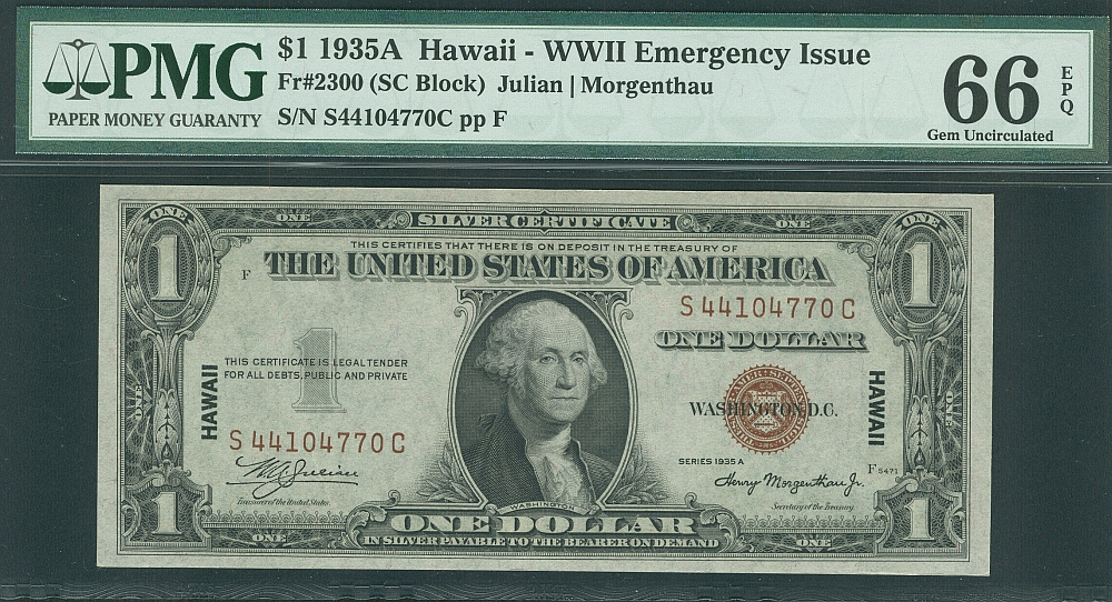 Fr.2300, 1935A $1 Hawaii Silver Certificate, S44104770C, PMG66-EPQ